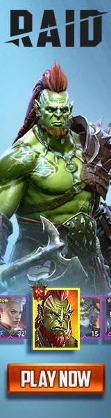 RAID: Shadow Legends promotional banner featuring an Orc Champion