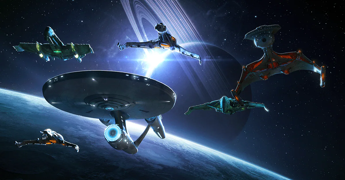 Star Trek Fleet Command artwork showing Federation and Klingon ships around a planet