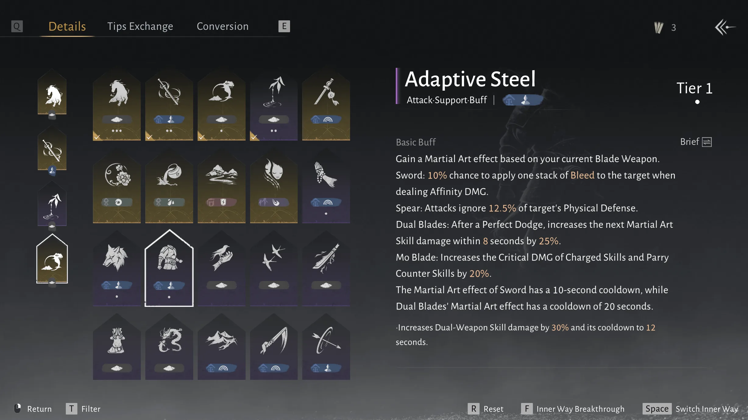 Where Winds Meet Inner Ways menu showing the Adaptive Steel passive and its weapon-specific effects